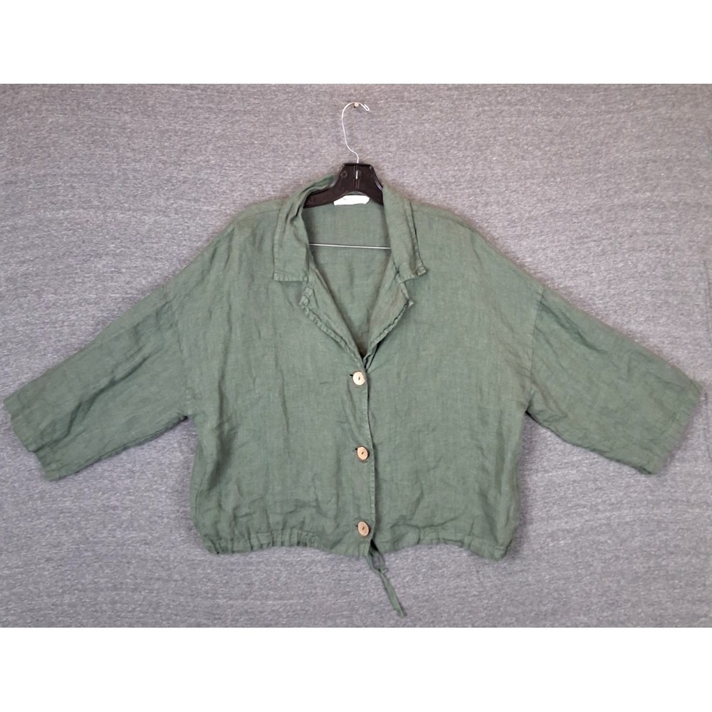 Woolovers Womens Shirt 14 Green 100% Linen Button Up Crop Drawstring Boxy Resort